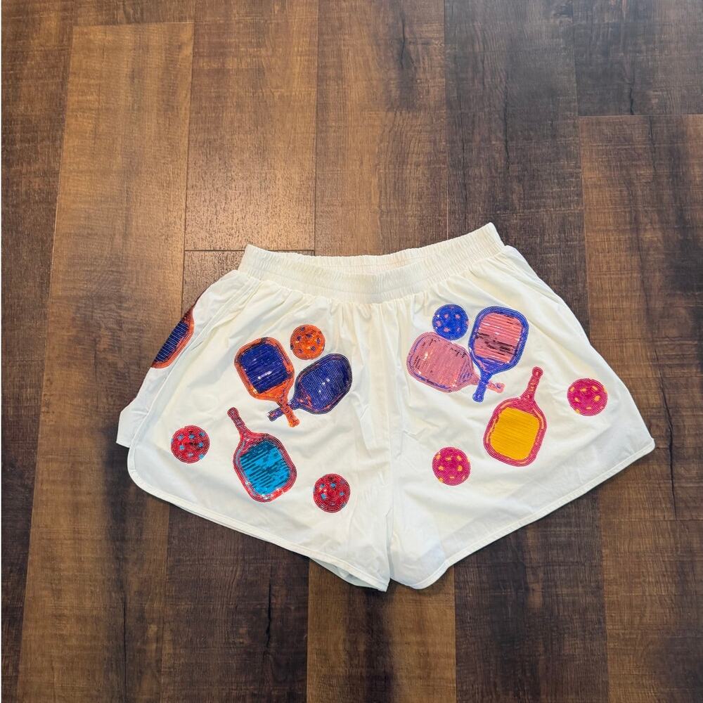 Queen of Sparkle Pickleball Sequin Athletic Running Shorts White Size Medium - Picture 9 of 10